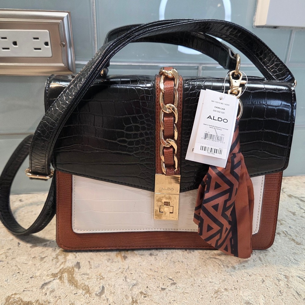 NWT Aldo Caiallaa Colorblock Satchel Crossbody Bag Blk/Wht Brown Croc Embossed